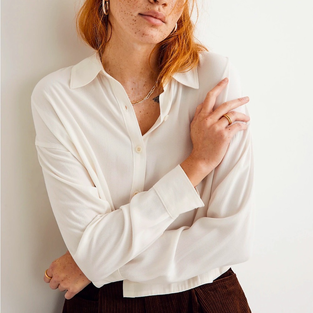 Madewell Lusterweave Hartfield Crop Shirt, Long Sleeve Button Down in Cream